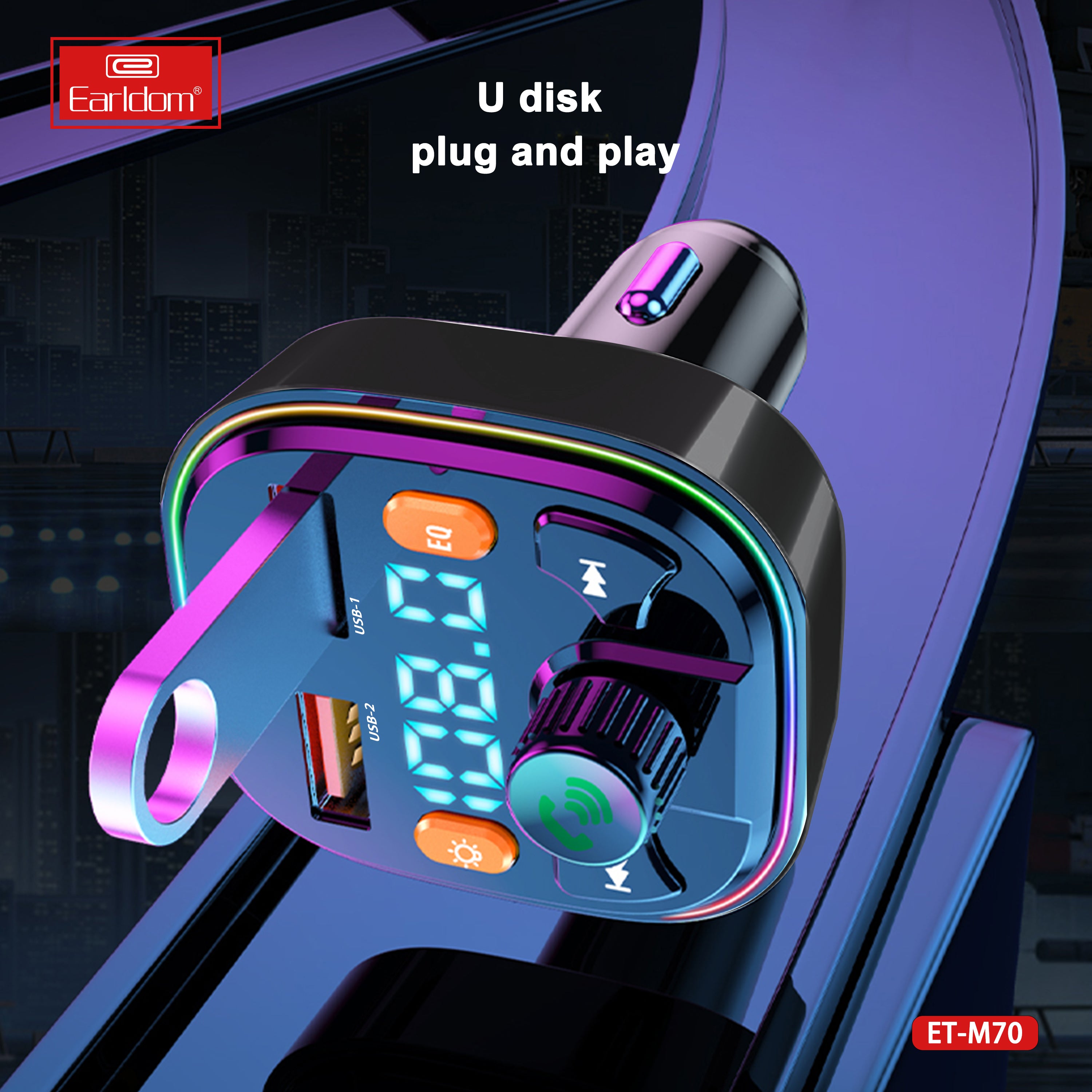 ET-M70 FM Transmitter Bluetooth Car kit with Type C to C Charger ET-M70 FM Transmitter Bluetooth Car kit with Type C to C Charger